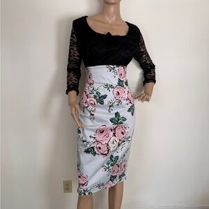 Deadly dames light blue Floral wiggle Dress with Black Lace Top